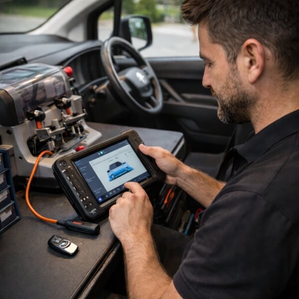 Automotive locksmith in Sydney programming car key using diagnostic tablet inside mobile locksmith van from Home Security Guys
