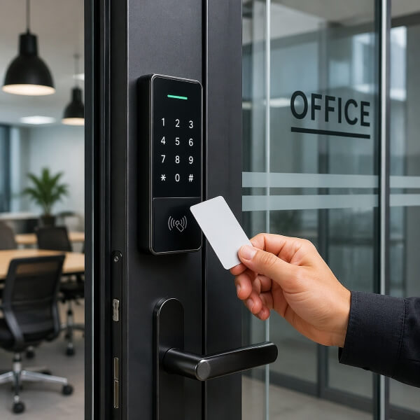 Commercial locksmith in Sydney with keypad and keycard access control system installed on office door by Home Security Guys.