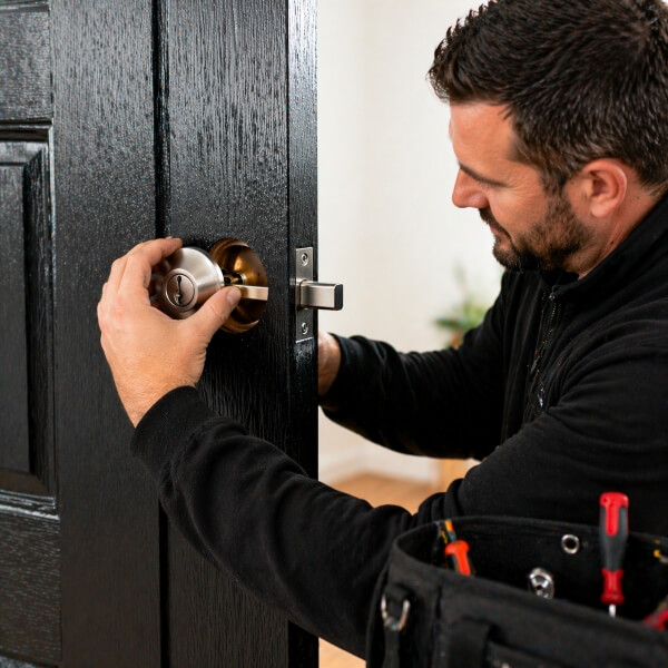 Deadbolt locksmith in Sydney installing a door lock with tools by Home Security Guys.