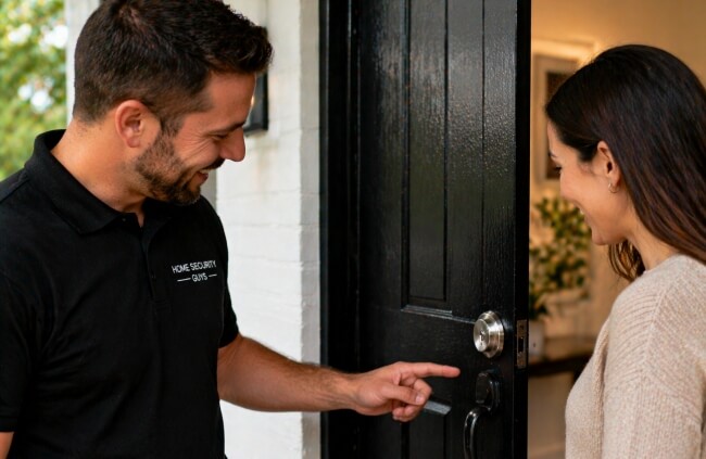 Deadbolt locksmith in Sydney showing completed door lock installation to homeowner from Home Security Guys.