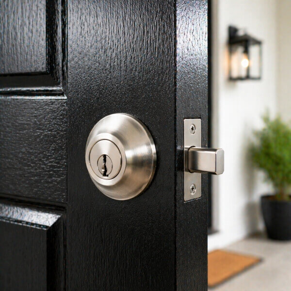 Deadbolt locksmith in Sydney with new lock installed on front door by Home Security Guys.