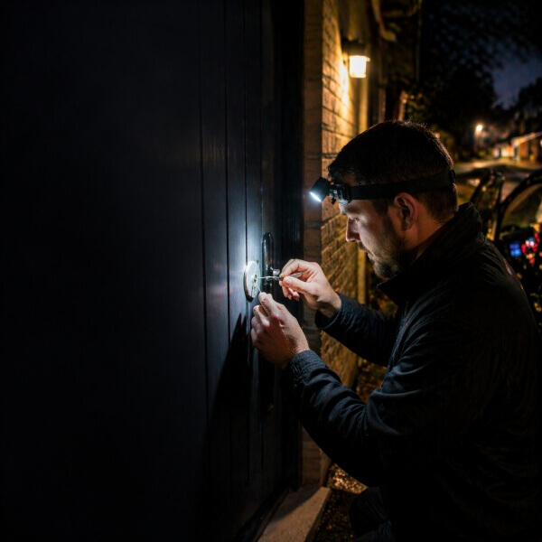 Emergency locksmith in Sydney unlocking front door at night with headlamp during callout by Home Security Guys.