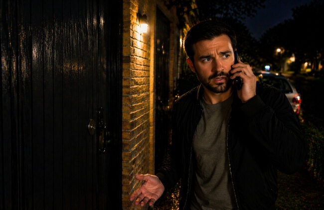 Man locked out of house in Sydney calling an emergency locksmith from Home Security Guys at his front door.