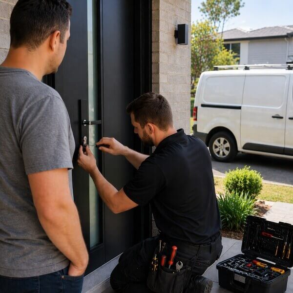 Mobile locksmith in Sydney fixing door lock at customer home during on-site service by Home Security Guys.