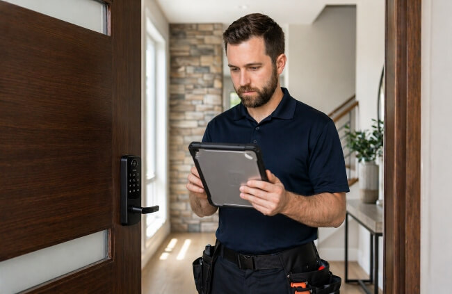 Smart door lock installation in Sydney with locksmith configuring digital lock using tablet by Home Security Guys.