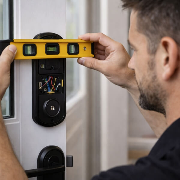 Smart door lock installation in Sydney with locksmith fitting digital lock on door by Home Security Guys.