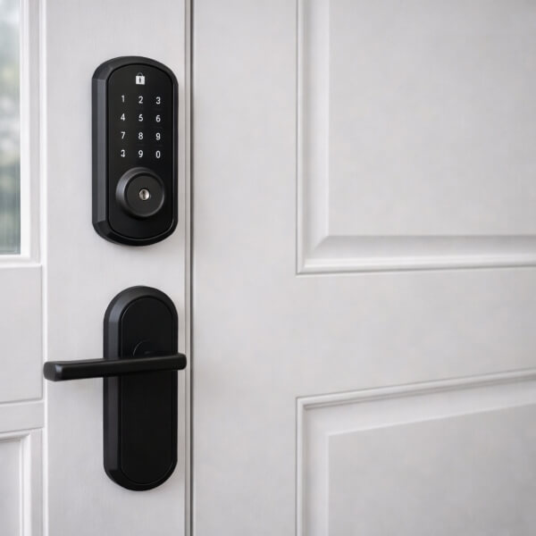 Smart door lock installed on front door in Sydney by Home Security Guys.
